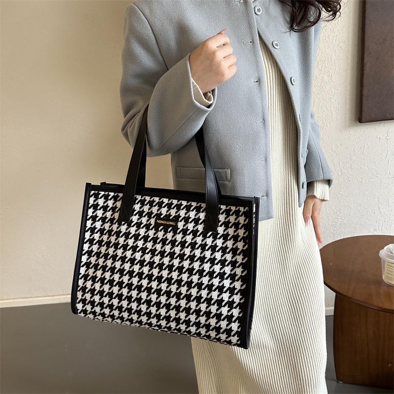 Womens Tote Bags | Manhattan Houndstooth Tweed Large Market Tote Handbags & Purses Black Multi